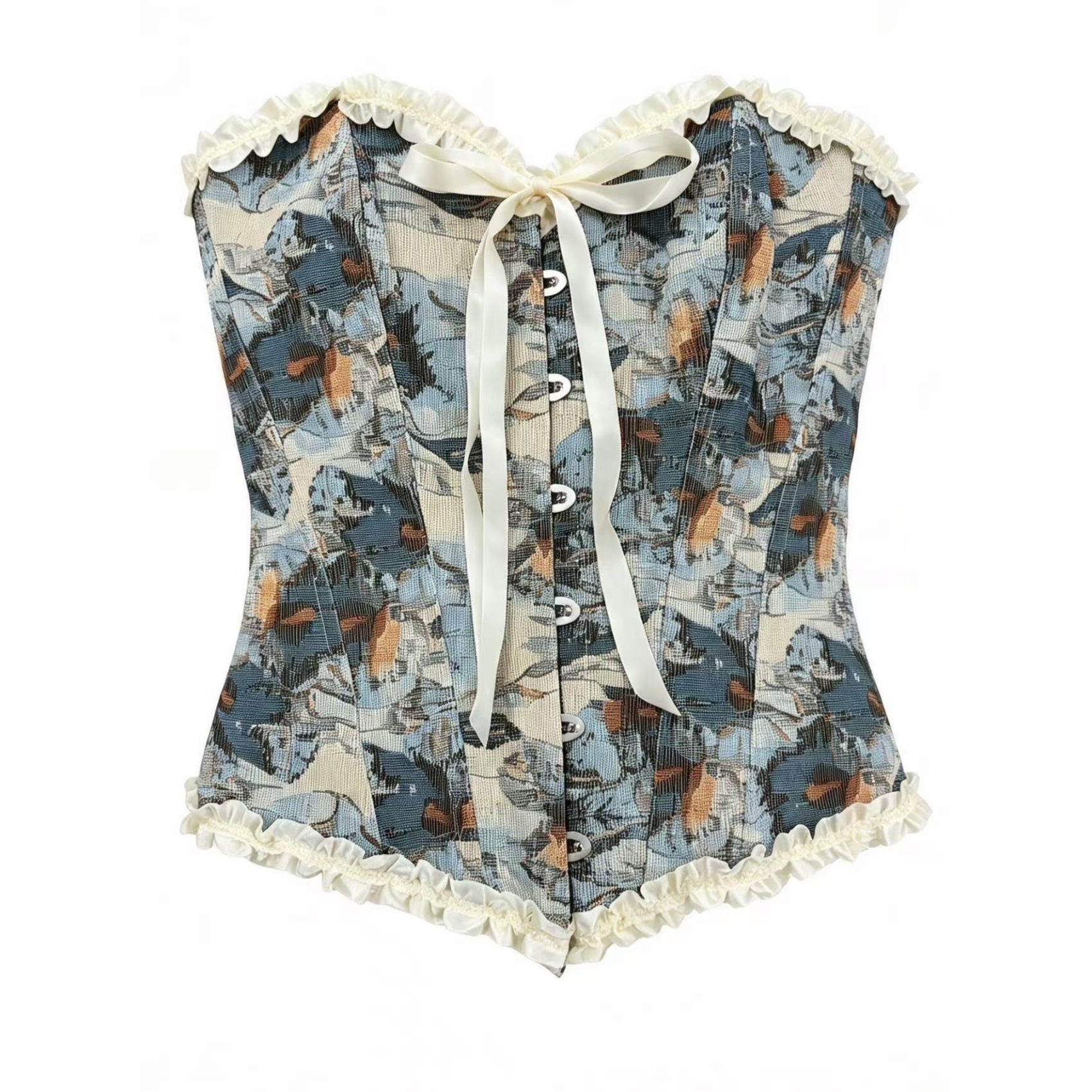 Women Tapestry Print Corset Top Ruffle Trim Lace Up Bodycon Shaping Bustier Top